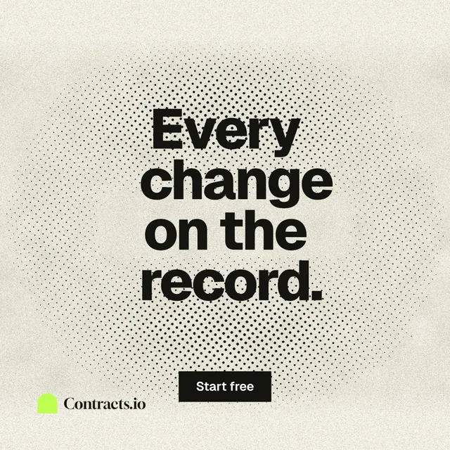 Instagram post for contracts.io: "Every change on the record." Ink sticker style, centred layout, light palette in white, yellow, grey.