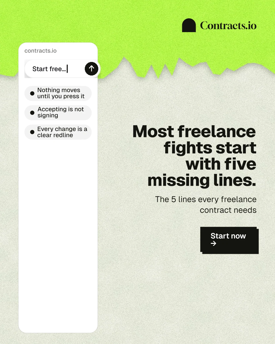 Instagram portrait post for contracts.io: "Most freelance fights start with five missing lines." Paper trio style, right layout, light palette in green, white, grey.