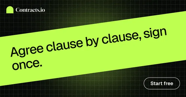 Social ad for contracts.io: "Agree clause by clause, sign once." Phosphor atlas style, diagonal layout, light palette in green, black.