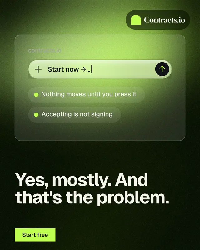 Instagram portrait post for contracts.io: "Yes, mostly. And that's the problem." Swiss style, bottom layout, dark palette in green, black.