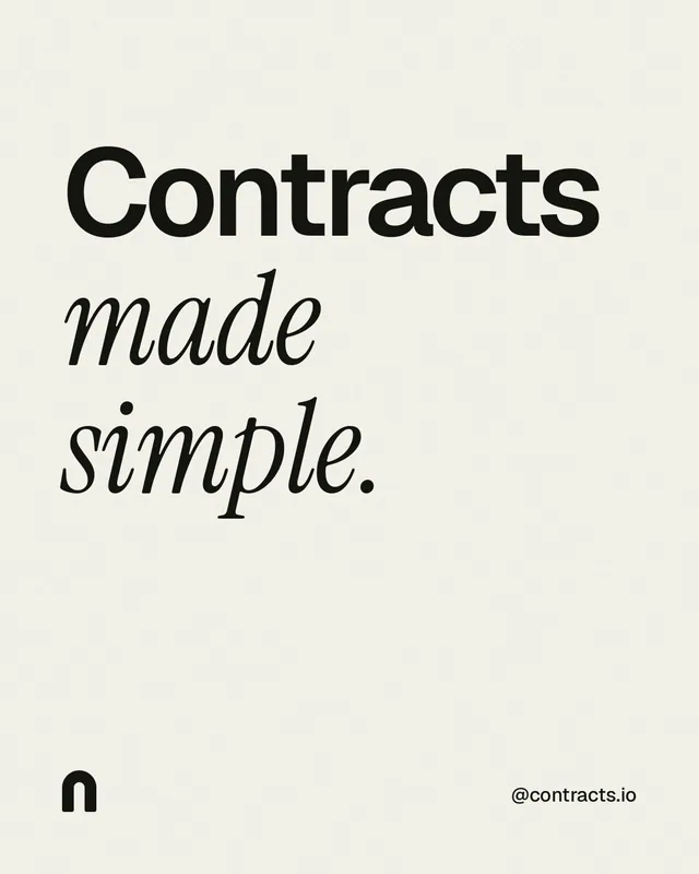Instagram portrait post for contracts.io: "Contracts made simple." Editorial style, technique:mixed type lockup layout, light palette in white, grey.