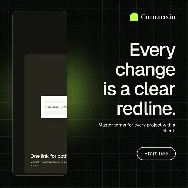 Instagram post for contracts.io: "Every change is a clear redline." Phosphor atlas style, right layout, dark palette in black, grey.