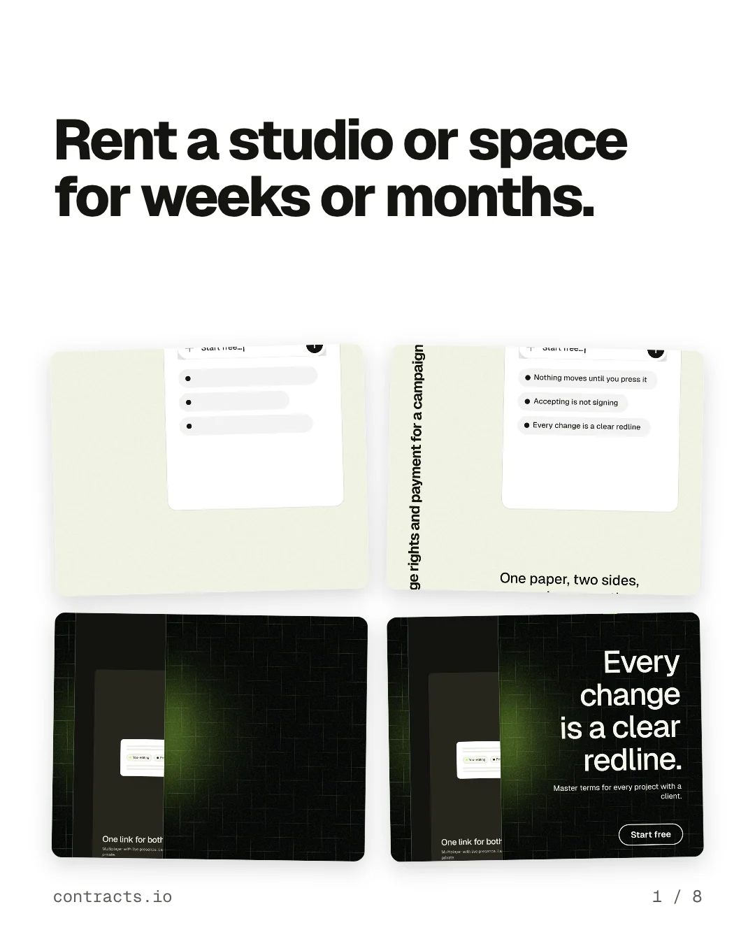 Carousel for contracts.io: "Rent a studio or space for weeks or months.". Collection carousel, 8 slides, light palette.