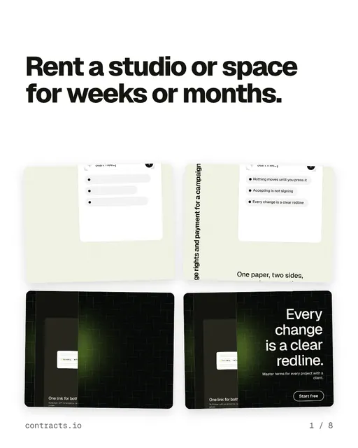 Carousel for contracts.io: "Rent a studio or space for weeks or months.". Collection carousel, 8 slides, light palette.