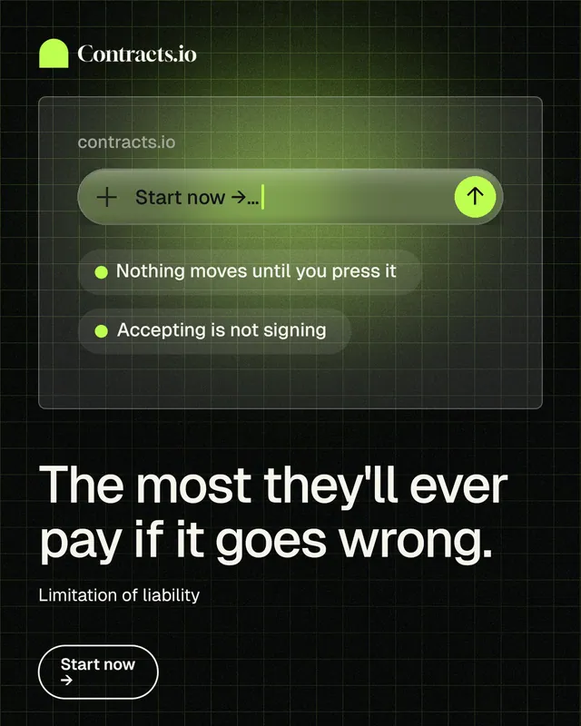 Instagram portrait post for contracts.io: "The most they'll ever pay if it goes wrong." Phosphor atlas style, bottom layout, dark palette in black, green.
