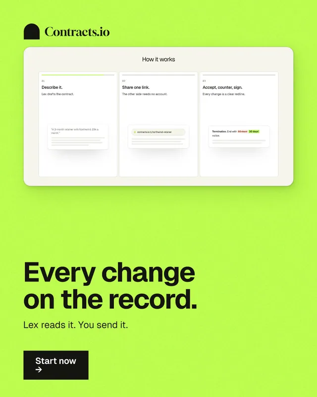 Instagram portrait post for contracts.io: "Every change on the record." Swiss style, bottom layout, light palette in green.