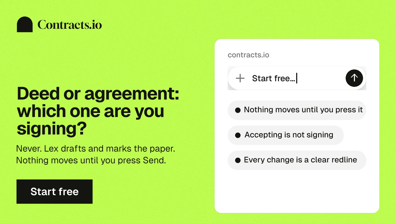 Landscape graphic for contracts.io: "Deed or agreement: which one are you signing?" Swiss style, bottom layout, light palette in green.
