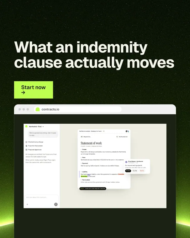 Instagram portrait post for contracts.io: "What an indemnity clause actually moves". Swiss style, browser layout, dark palette in white, black, grey.