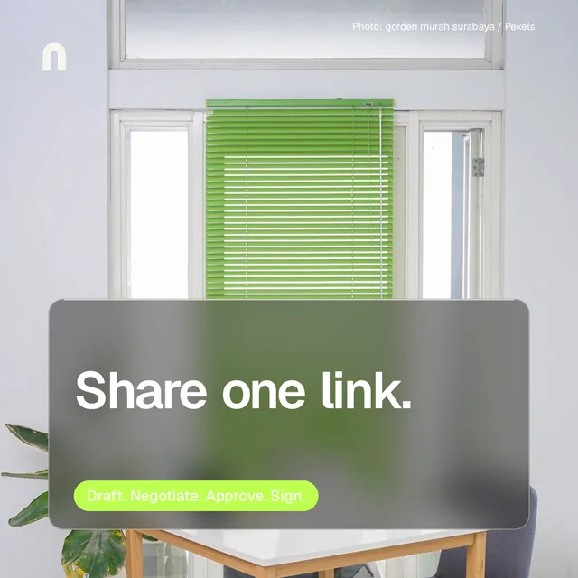 Instagram post for contracts.io: "Share one link." Glass style, technique:pexels ingredient layout, light palette in grey, white.