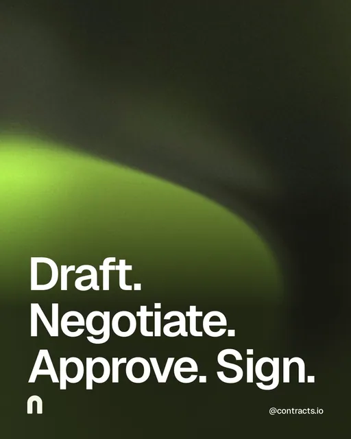 Video for contracts.io: "Draft. Negotiate. Approve. Sign.". Shader loop, 6.0 s, dark palette.