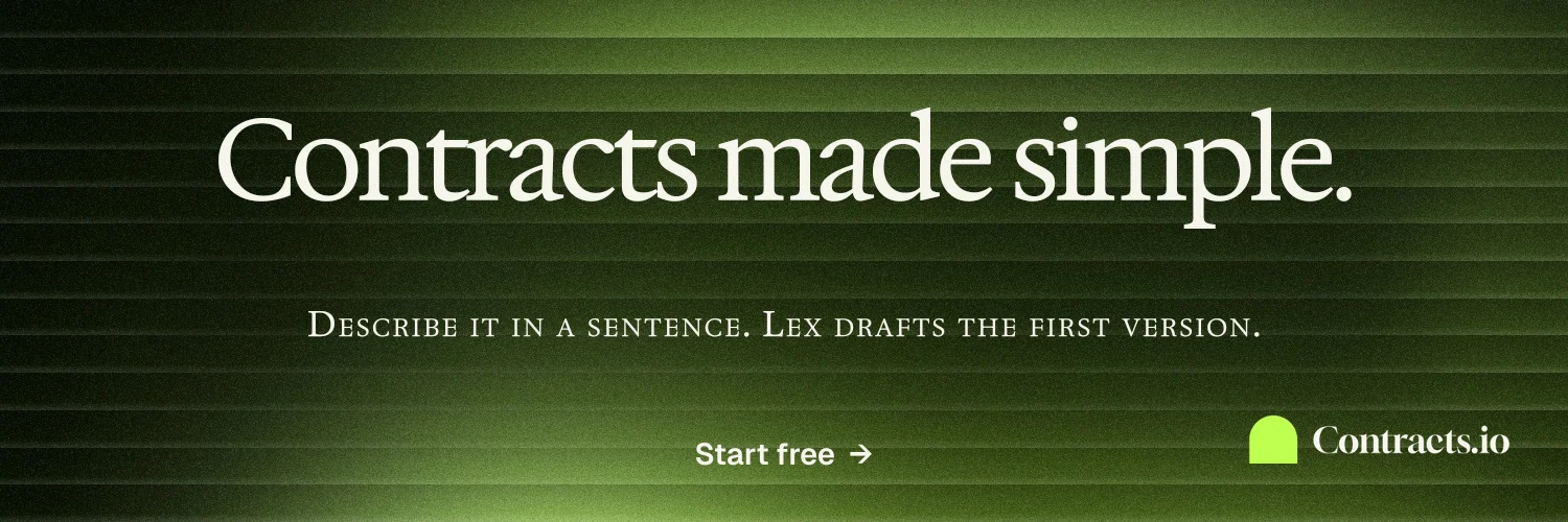 X header for contracts.io: "Contracts made simple." Swiss style, smallcaps layout, dark palette in green, black.