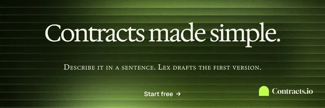 X header for contracts.io: "Contracts made simple." Swiss style, smallcaps layout, dark palette in green, black.