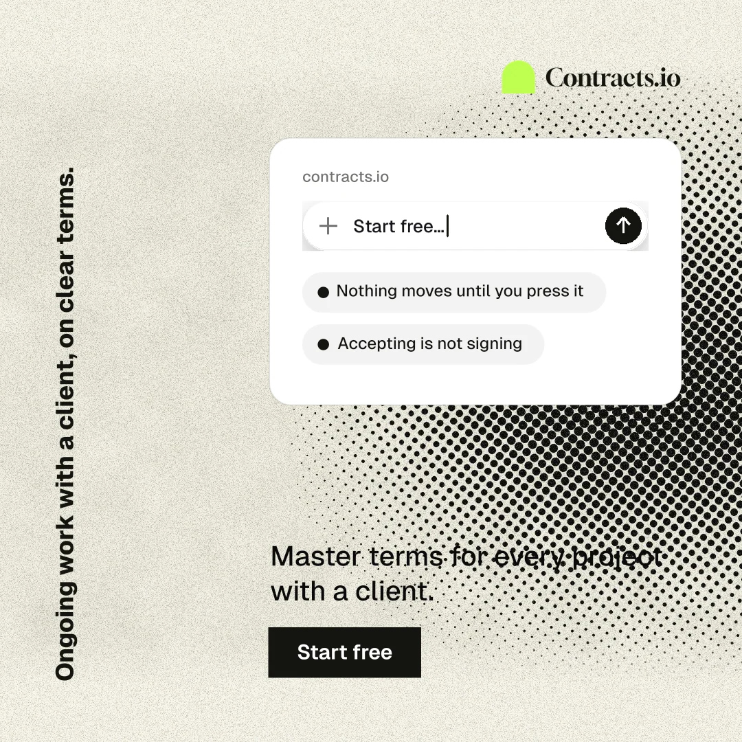 Instagram post for contracts.io: "Ongoing work with a client, on clear terms." Ink sticker style, vertical layout, light palette in yellow, white, grey.