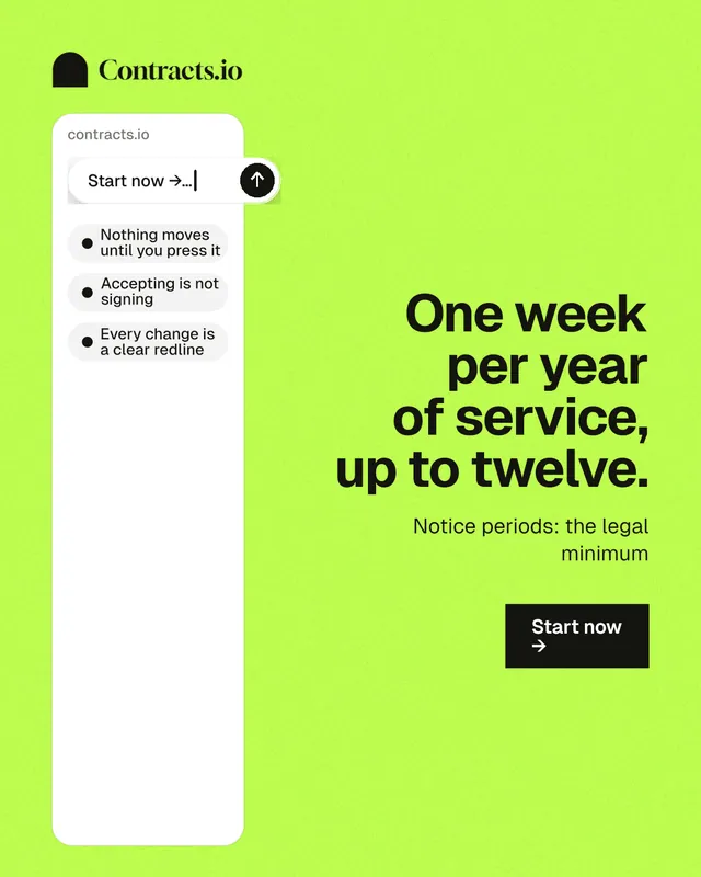Instagram portrait post for contracts.io: "One week per year of service, up to twelve." Swiss style, right layout, light palette in green, white.