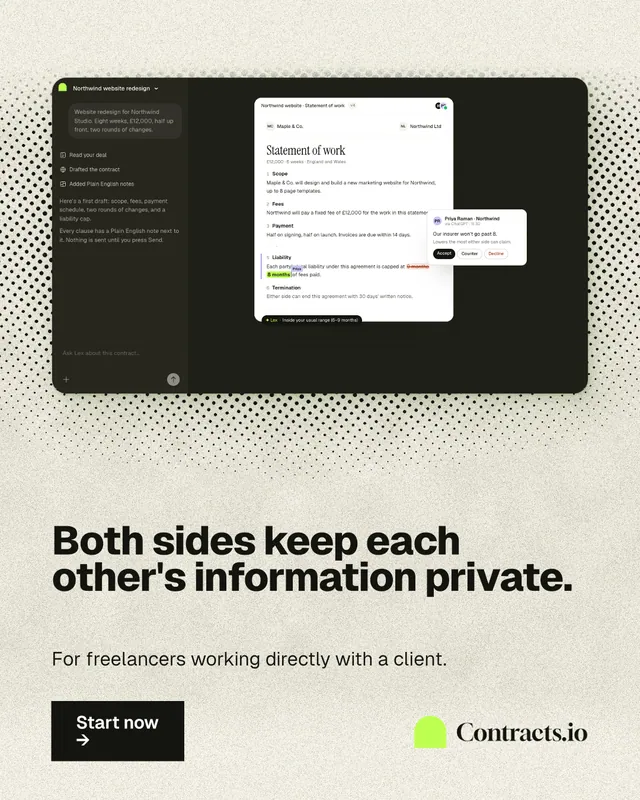 Instagram portrait post for contracts.io: "Both sides keep each other's information private." Ink sticker style, bottom layout, light palette in yellow, black, grey.