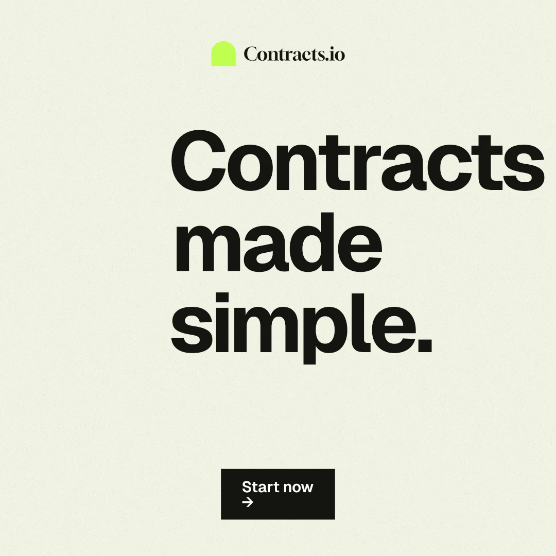 Instagram post for contracts.io: "Contracts made simple." Swiss style, centred layout, light palette in white, grey.