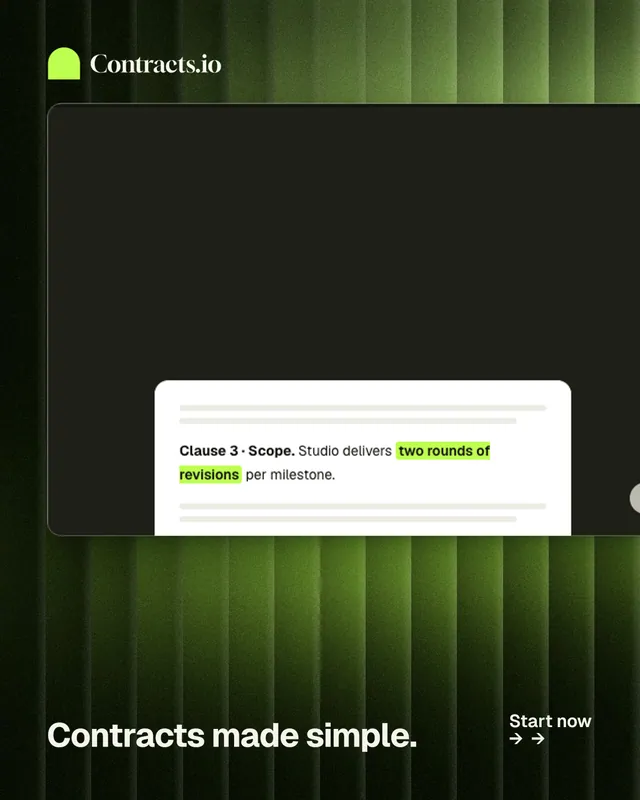 Instagram portrait post for contracts.io: "Contracts made simple." Swiss style, image led layout, dark palette in black, green, grey.
