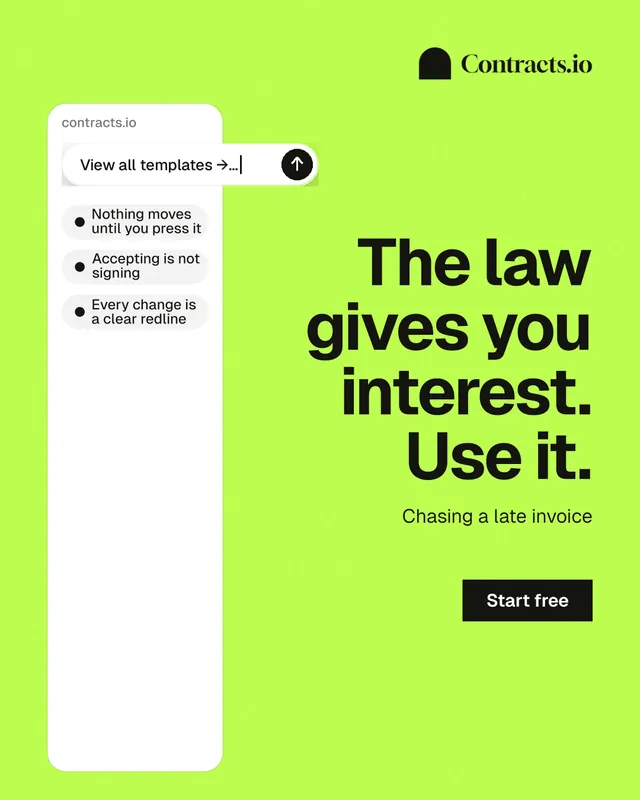 Instagram portrait post for contracts.io: "The law gives you interest. Use it." Swiss style, right layout, light palette in green, white.