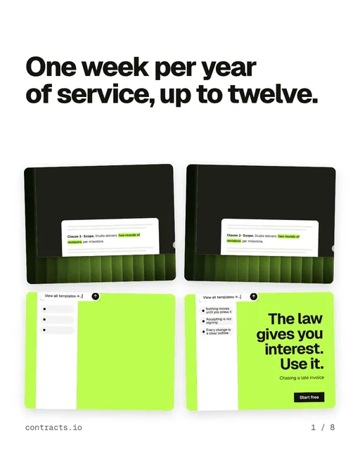 Carousel for contracts.io: "One week per year of service, up to twelve.". Collection carousel, 8 slides, light palette.