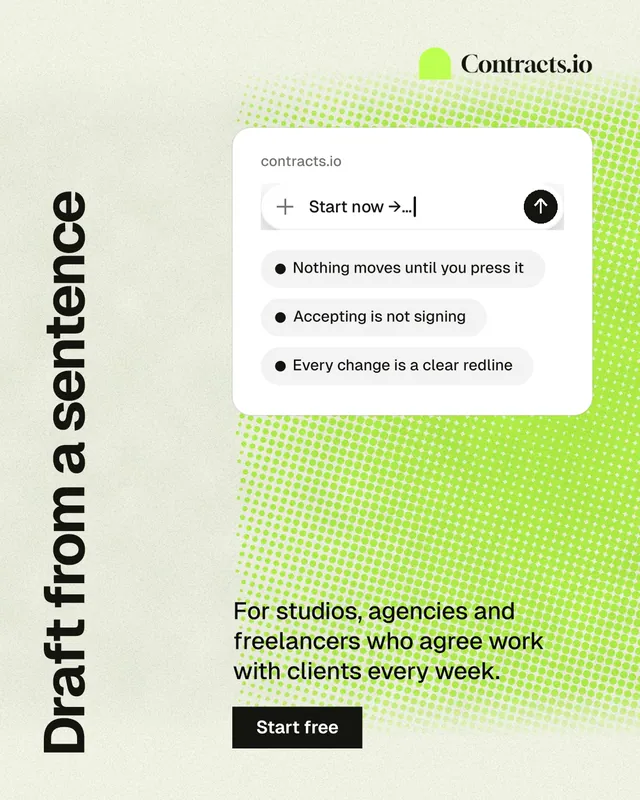 Instagram portrait post for contracts.io: "Draft from a sentence". Swiss style, vertical layout, light palette in yellow, green, white.