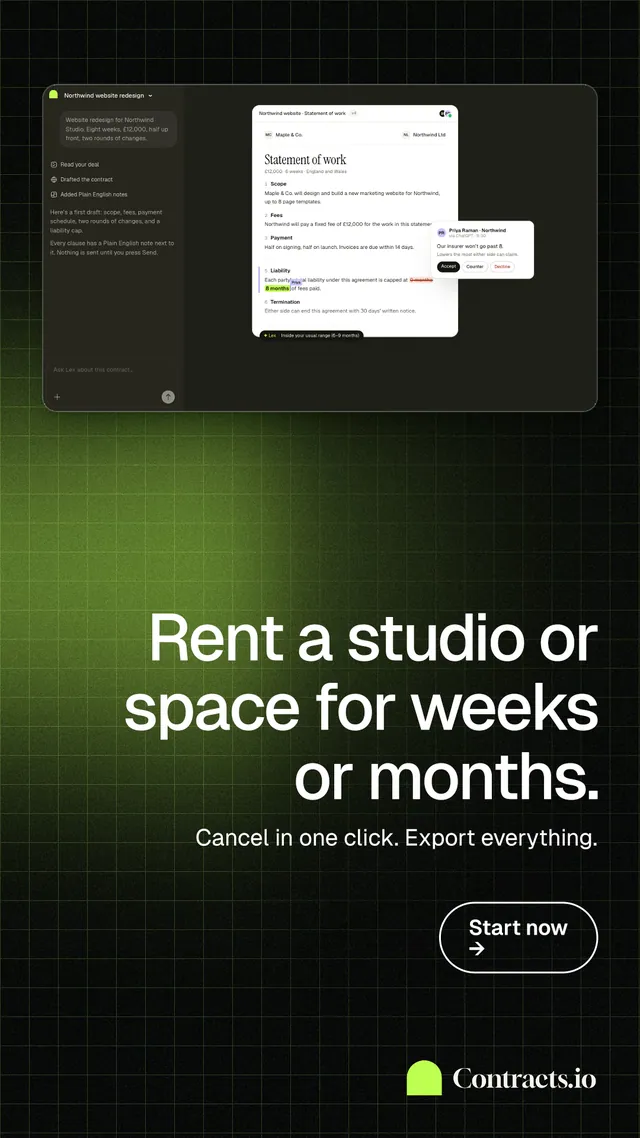 Instagram story for contracts.io: "Rent a studio or space for weeks or months." Phosphor atlas style, right layout, dark palette in black, green, grey.