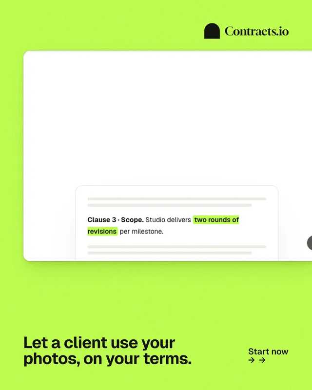 Instagram portrait post for contracts.io: "Let a client use your photos, on your terms." Swiss style, image led layout, light palette in green, white.
