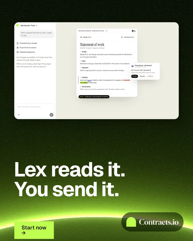 Instagram portrait post for contracts.io: "Lex reads it. You send it." Swiss style, bottom layout, light palette in black, green, white.