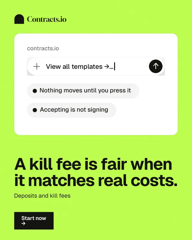 Instagram portrait post for contracts.io: "A kill fee is fair when it matches real costs." Swiss style, bottom layout, light palette in white, green.