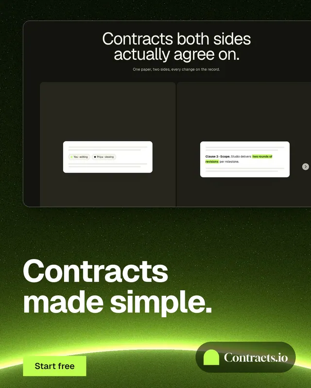 Instagram portrait post for contracts.io: "Contracts made simple." Swiss style, bottom layout, dark palette in black, green.