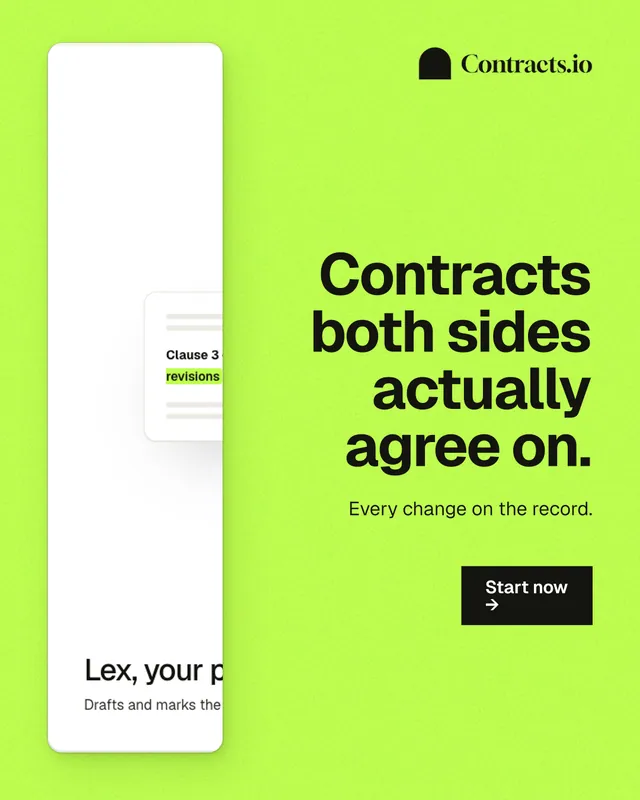 Instagram portrait post for contracts.io: "Contracts both sides actually agree on." Swiss style, right layout, light palette in green, white.