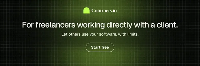 X header for contracts.io: "For freelancers working directly with a client." Phosphor atlas style, centred layout, dark palette in green, black.