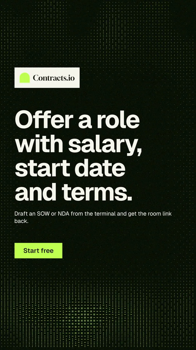 Instagram story for contracts.io: "Offer a role with salary, start date and terms." Swiss style, announce layout, dark palette in black, grey.