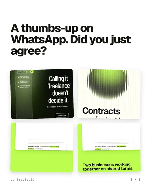 Carousel for contracts.io: "A thumbs-up on WhatsApp. Did you just agree?". Collection carousel, 8 slides, light palette.