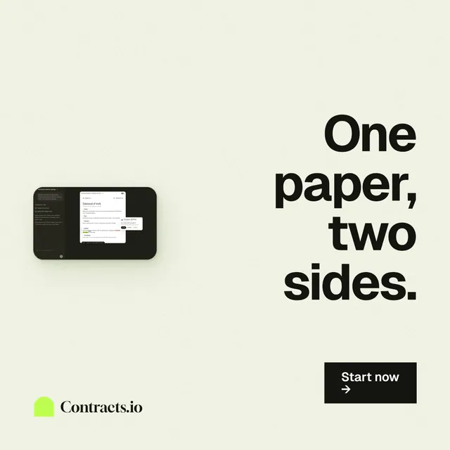Instagram post for contracts.io: "One paper, two sides." Swiss style, right layout, light palette in white, grey.