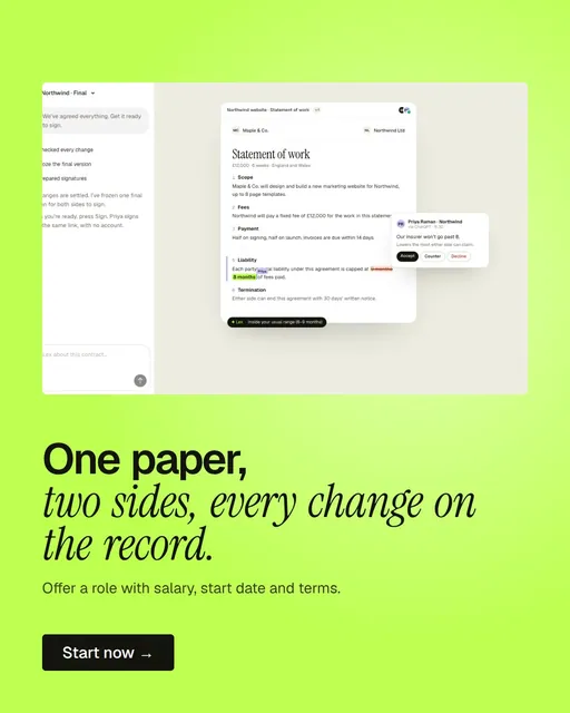 Video for contracts.io: "One paper, two sides, every change on the record.". Doc motion loop, 6.0 s, light palette.