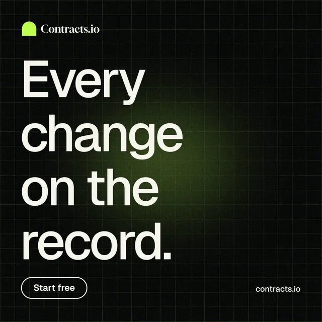 Instagram post for contracts.io: "Every change on the record." Phosphor atlas style, poster layout, dark palette in black, grey.
