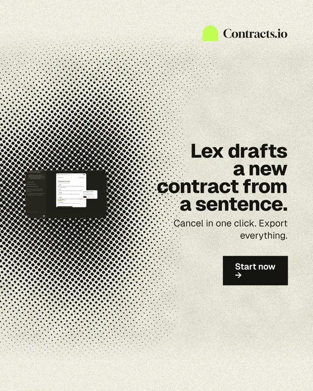 Instagram portrait post for contracts.io: "Lex drafts a new contract from a sentence." Ink sticker style, right layout, light palette in yellow, grey.