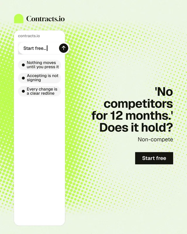 Instagram portrait post for contracts.io: "'No competitors for 12 months.' Does it hold?" Swiss style, right layout, light palette in white, green.