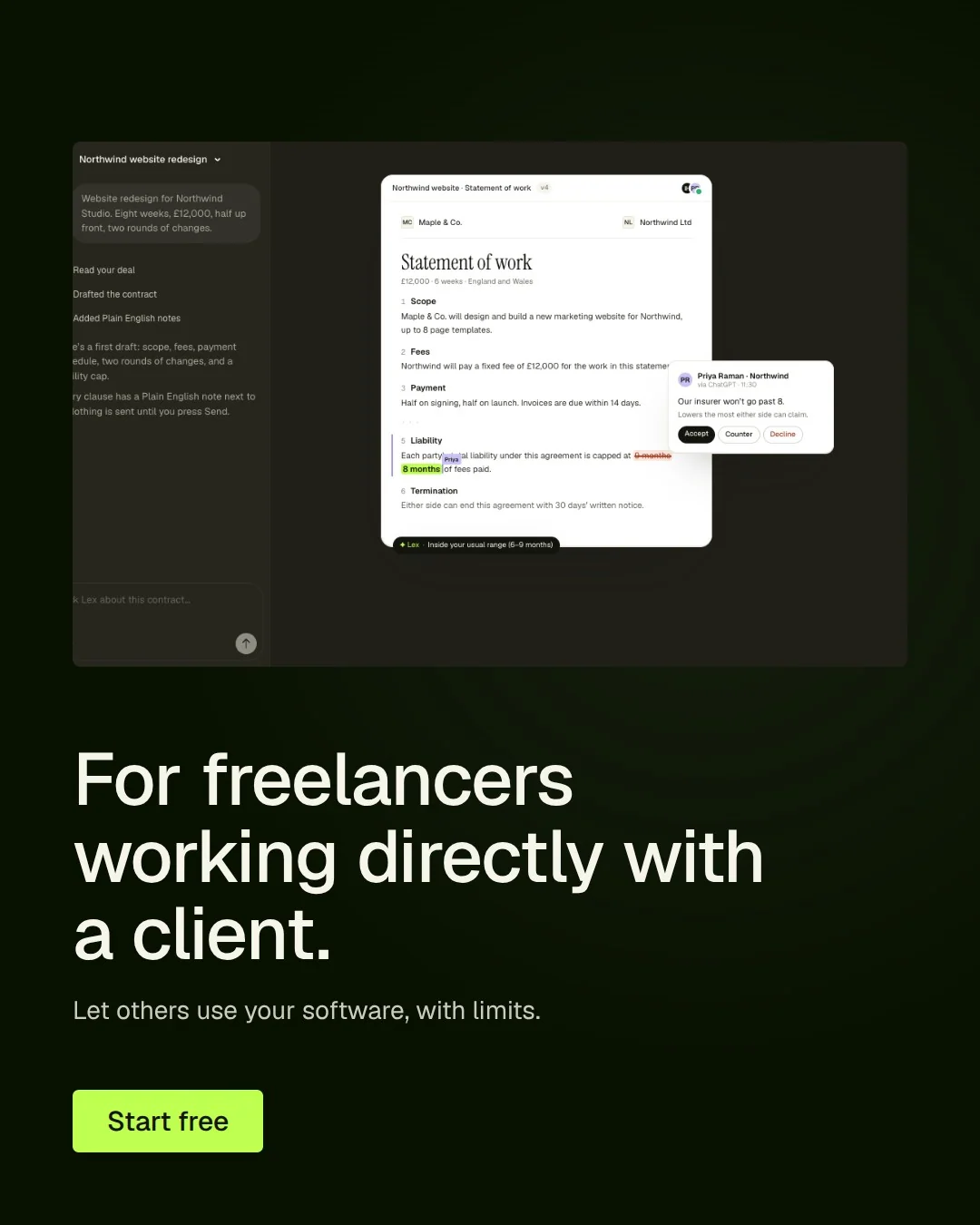 Video for contracts.io: "For freelancers working directly with a client.". Doc motion loop, 6.0 s, dark palette.
