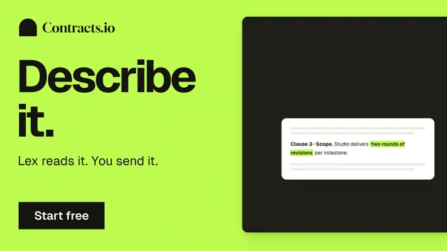Landscape graphic for contracts.io: "Describe it." Swiss style, bottom layout, light palette in green, black.