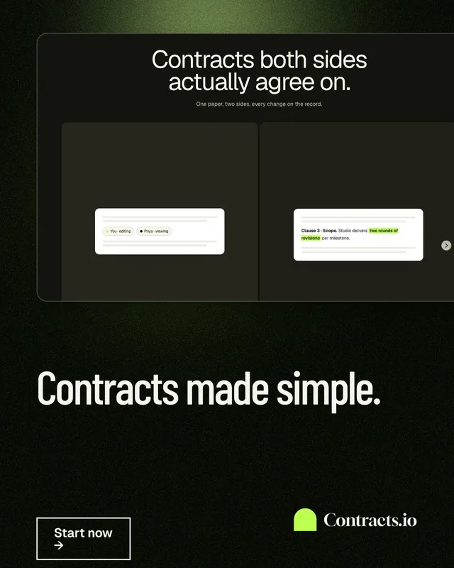 Instagram portrait post for contracts.io: "Contracts made simple." Dark deco style, bottom layout, dark palette in black, grey.
