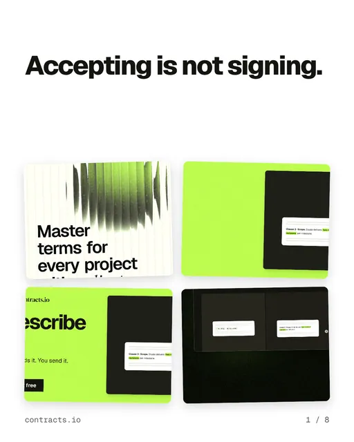 Carousel for contracts.io: "Accepting is not signing.". Collection carousel, 8 slides, light palette.
