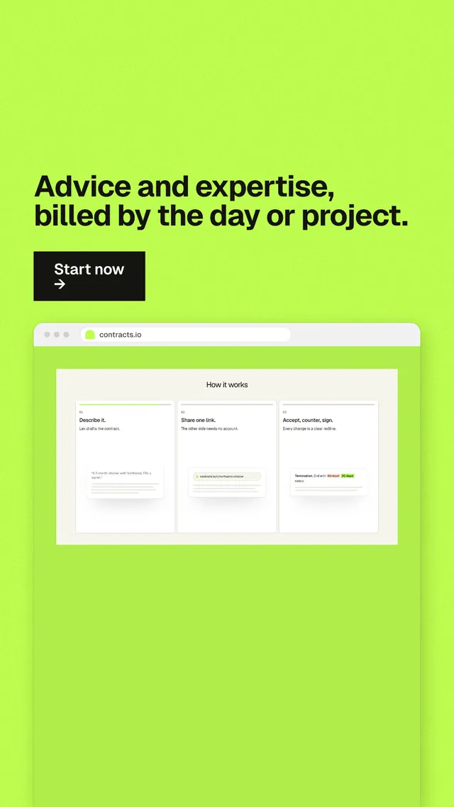 Instagram story for contracts.io: "Advice and expertise, billed by the day or project." Swiss style, browser layout, light palette in green.