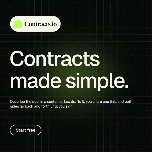 Instagram post for contracts.io: "Contracts made simple." Phosphor atlas style, announce layout, dark palette in black, green, grey.