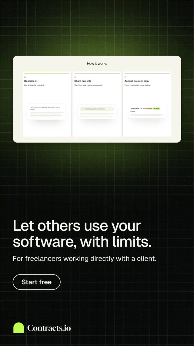 Instagram story for contracts.io: "Let others use your software, with limits." Phosphor atlas style, bottom layout, dark palette in white, green, black.