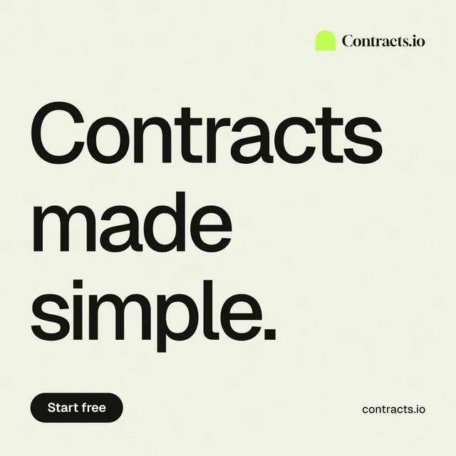 Instagram post for contracts.io: "Contracts made simple." Data card style, poster layout, light palette in white, grey.
