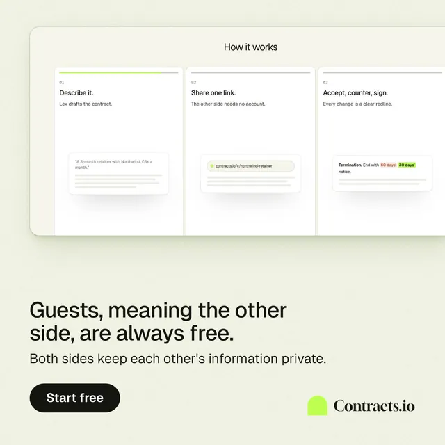 Instagram post for contracts.io: "Guests, meaning the other side, are always free." Data card style, bottom layout, light palette in white, green, grey.