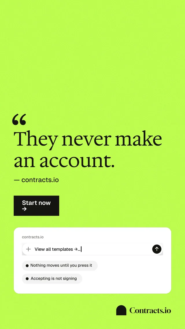 Instagram story for contracts.io: "They never make an account." Swiss style, quote layout, light palette in green.
