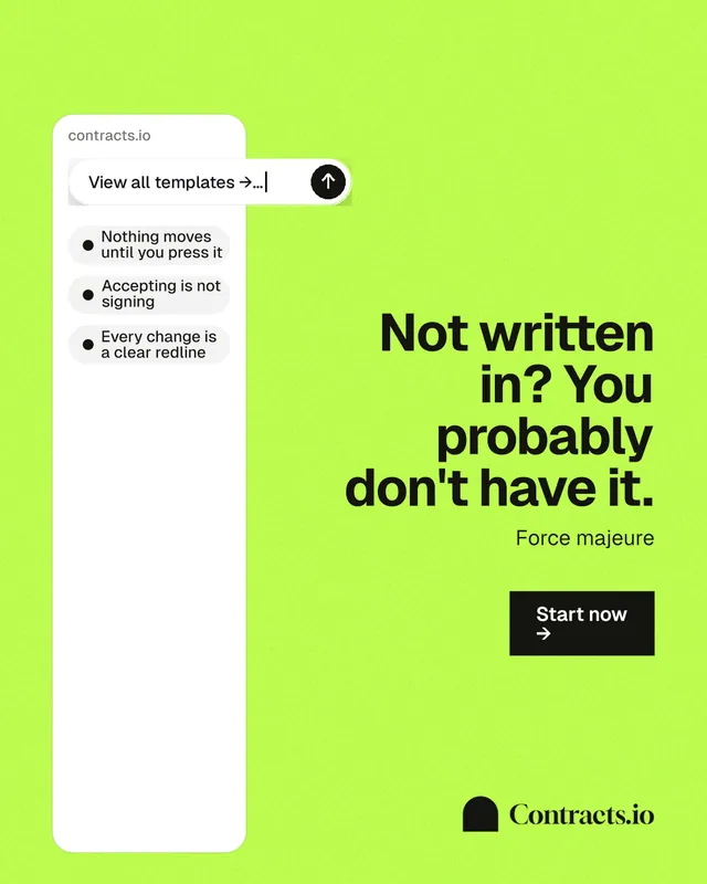 Instagram portrait post for contracts.io: "Not written in? You probably don't have it." Swiss style, right layout, light palette in green.