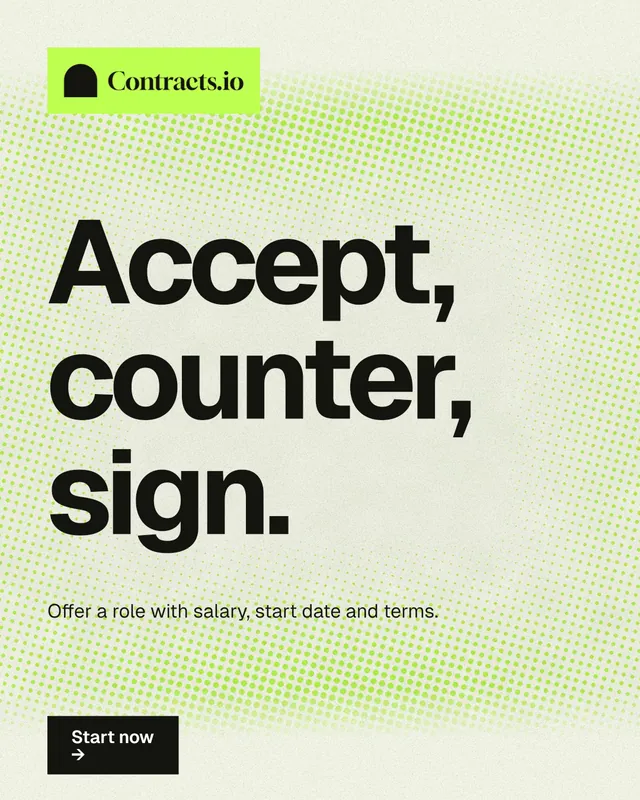 Instagram portrait post for contracts.io: "Accept, counter, sign." Swiss style, announce layout, light palette in green, yellow, grey.